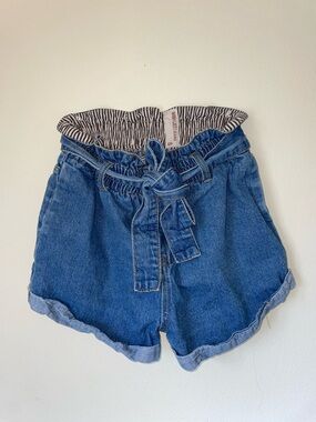 High-Rise Paperbag Tie Denim Shorts in Blue